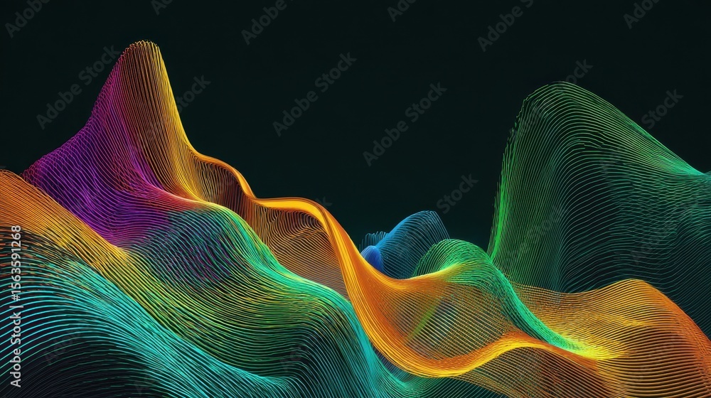 Poster abstract colorful wave forms on a dark background.