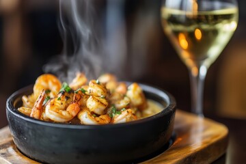 Delicious Shrimp Dish Served with White Wine in Elegant Restaurant Setting