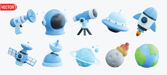 Space 3d vector icon set. Alien Gun, Astronaut Helmet, Comet, Earth, Rocket, Satellite, Satellite Dish, Saturn, Ufo and Telescope
