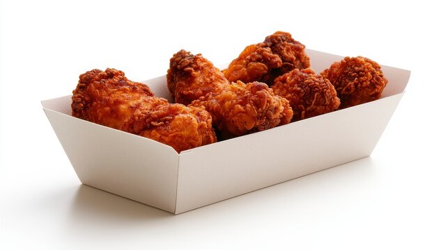Perfectly fried chicken pieces in a paper box isolated on white crispy and golden shot highlighting the crunchy coating and succulent meat inside. Delicious golden brown poultry morsels