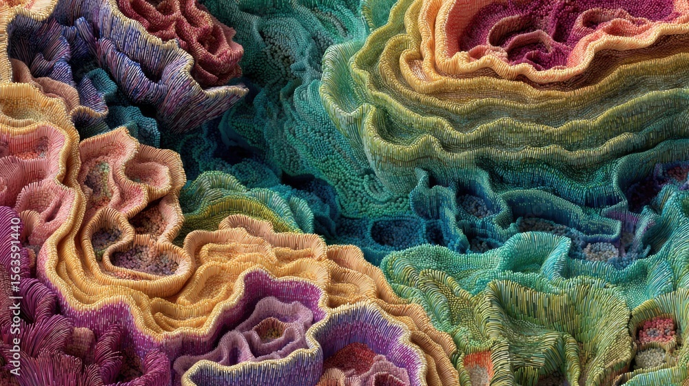 Poster vibrant abstract art resembling microscopic textures in multicolored intricate layers