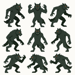 Werewolf character poses flat style