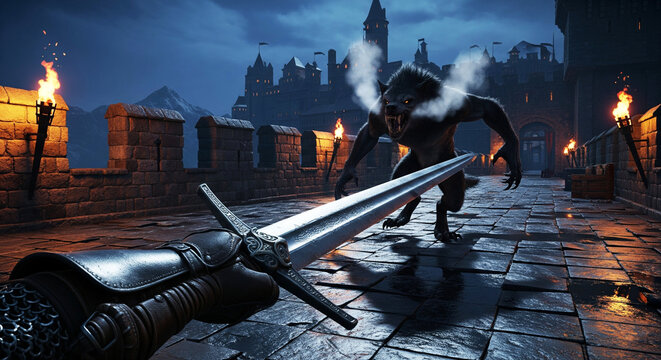FPP of soldier fighting a werewolf with a sword a high resolution image
