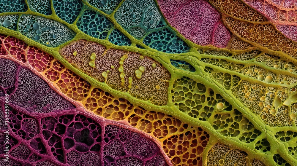 Poster abstract microscopic structure with vivid colorful details and geometric patterns