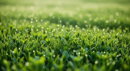 Dewdrops sparkle on lush green grass in morning sunlight