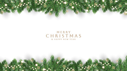 Merry Christmas and Happy New Year greeting card vector poster. Christmas elegant invitation template. Christmas and Happy New Year decoration border with fir branches background. © King Designz