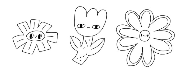 Naive flowers with cute faces. Set plants forms with eyes and mouth. Hand Drawn Floral Elements Clipart Set, Organic Botanical Vector stickers