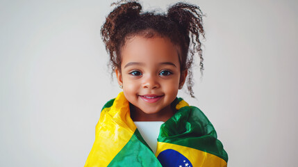 A cute little black girl draped the flag of Brazil over her shoulders. Brazil's Independence Day. Patriotism and pride. The national symbol of Brazil. The concept of children's education