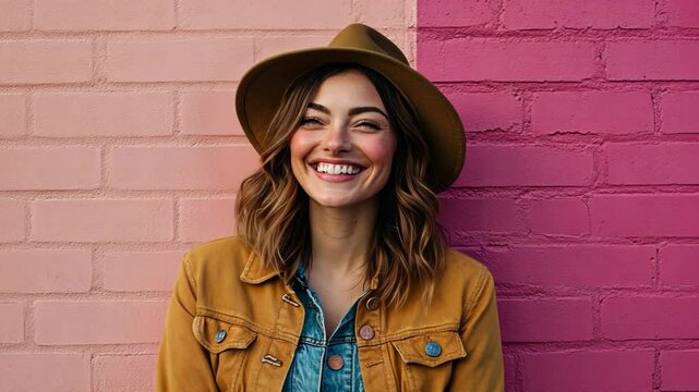 pretty Caucasian woman in cow girl style smiling standing at pink wall 