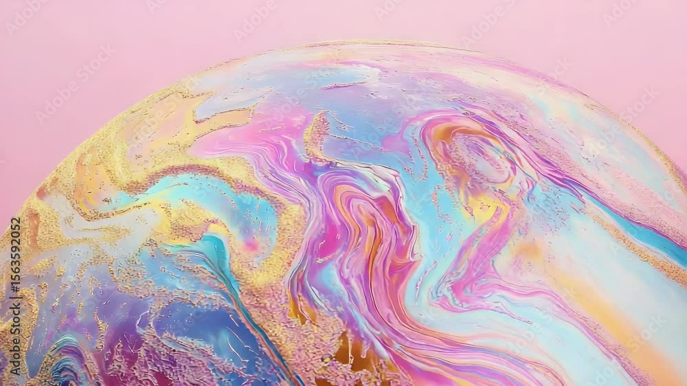 Poster abstract sphere with iridescent surface against pink background shimmering texture and golden glitte