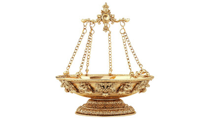 Ornate golden balance scale showcases intricate craftsmanship at a historic exhibition in the heart of the city during afternoon hours on transparent background