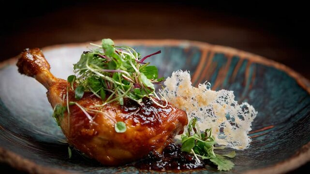 Close up view of a roasted chicken leg quarter, glazed with a dark brown sauce, garnished with microgreens and a crispy, lacy garnish, presented on a rustic, dark teal plate. Dark background.