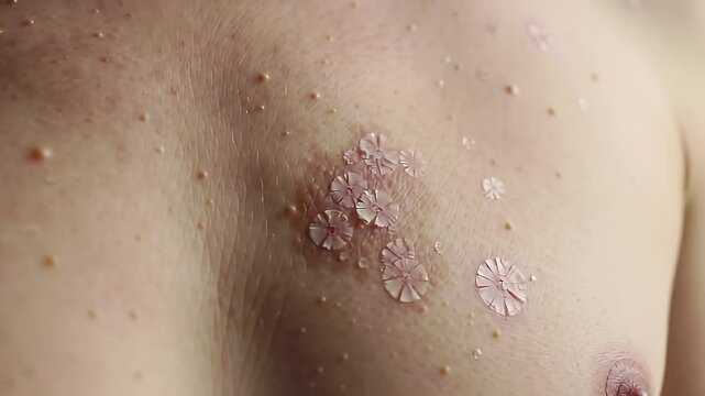 Detailed View of Chest Skin with White Patches and Redness Displaying Symptoms of Psoriasis Skin Disease for Medical Healthcare Reference
