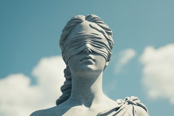 Lady Justice Stands Tall: A stoic statue of Lady Justice, blindfolded, stands resolute against a backdrop of a vibrant blue sky, embodying the ideals of fairness and impartiality.