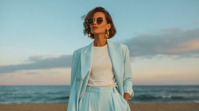 Stylish woman in pastel suit gazing confidently at the seaside at sunset