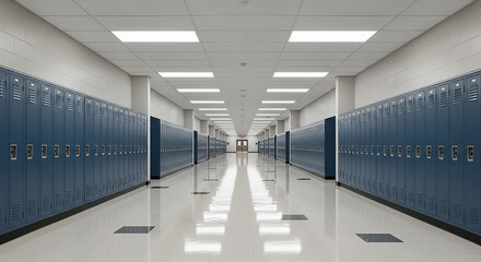 Empty School Hallway Long Perspective of Lockers and Clean Floor