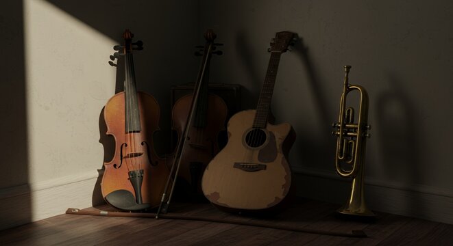 Sunlit Corner Reveals a Trio of Stringed Instruments and a Brass Trumpet