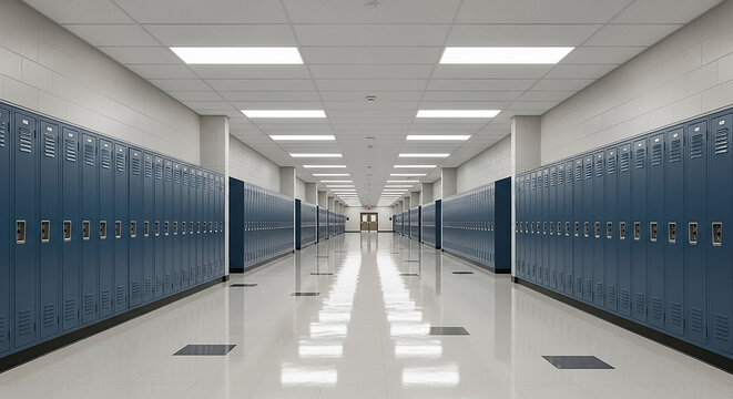Empty School Hallway Long Perspective of Lockers and Clean Floor