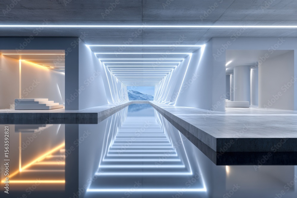 Poster Modern futuristic interior design of illuminated tunnel corridor with LED lighting reflections and sleek architectural lines in a contemporary building