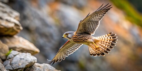 A majestic kestrel in flight, its wings spread wide against a blurred backdrop of rugged rocks