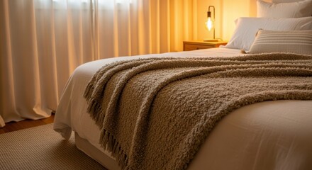 Cozy Bedroom Interior Design with Textured Blanket and Warm Lighting