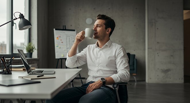 Relaxed businessman enjoys a coffee break at his modern office desk, gazing thoughtfully out the window. - Powered by Adobe