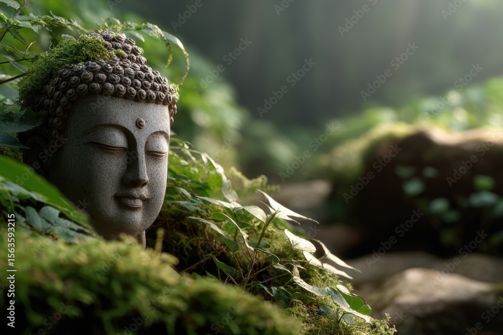 Poster serene buddha head statue partially submerged in lush green moss and foliage in peaceful natural for