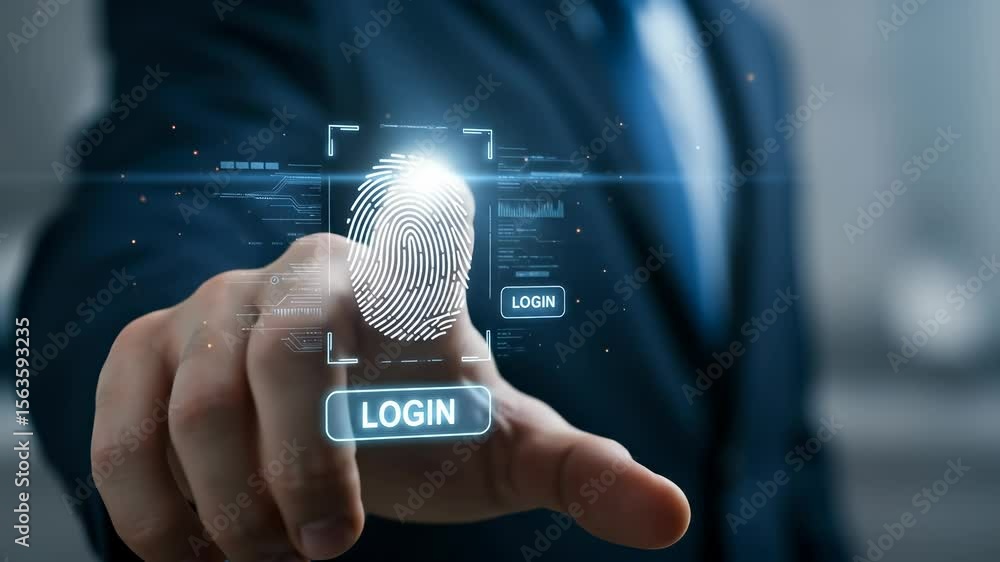 Aufkleber fingerprint login: a businessman in a suit scans his fingerprint to access a secure system, symboliz