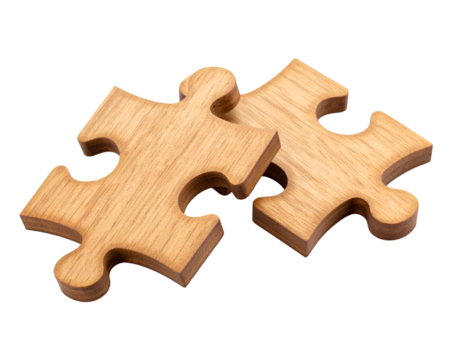 Two Wooden Jigsaw Puzzle Pieces Connecting isolated on white or transparent png
