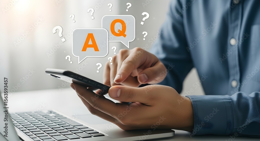 Poster man holding a smartphone with q&a messages. customer support with frequently asked questions and ans