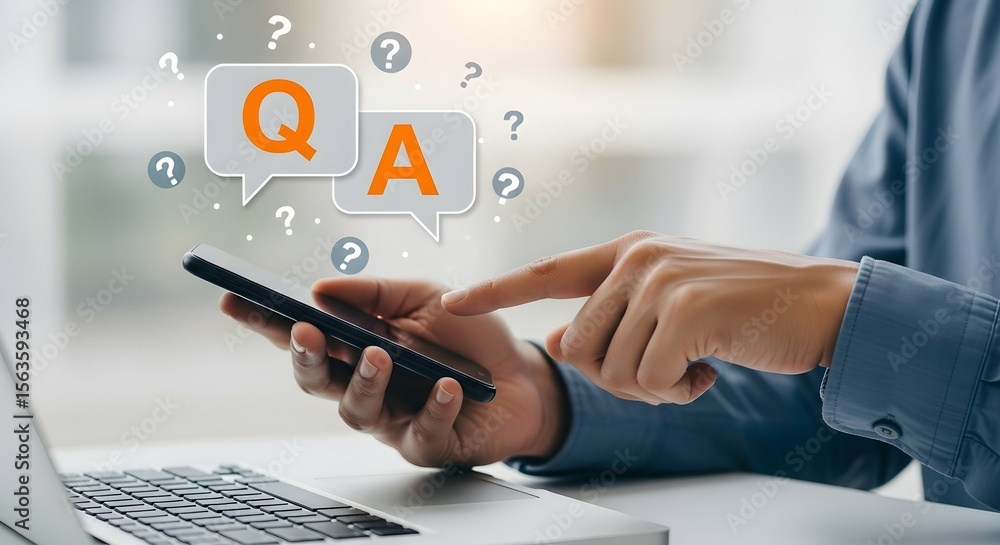 Poster man holding a smartphone with q&a messages. customer support with frequently asked questions and ans