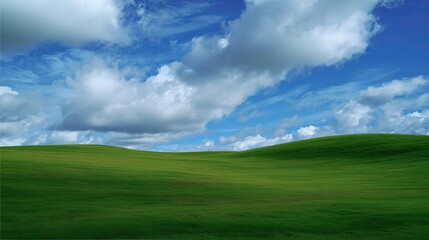 Fototapeta premium Large expanses of green meadows stretch under a white cloud-covered blue sky, showcasing endless natural beauty and are perfect for a variety of activities and landscapes.