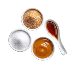 Flat lay of sweeteners like brown sugar, powdered sugar, vanilla extract, and caramel sauce in bowls on transparent background