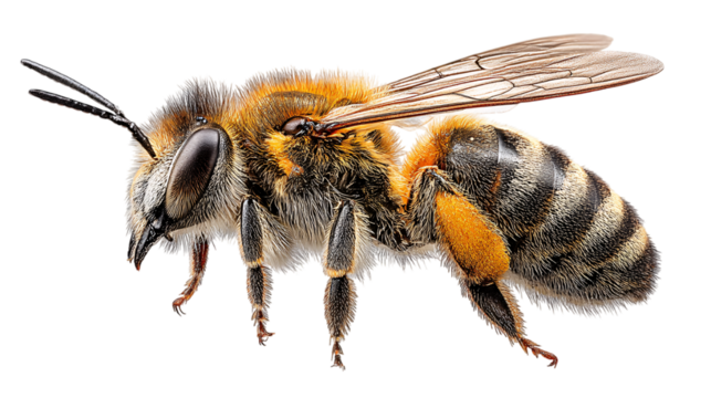 Detailed macro shot of a bee with wings and legs out  on transparent background