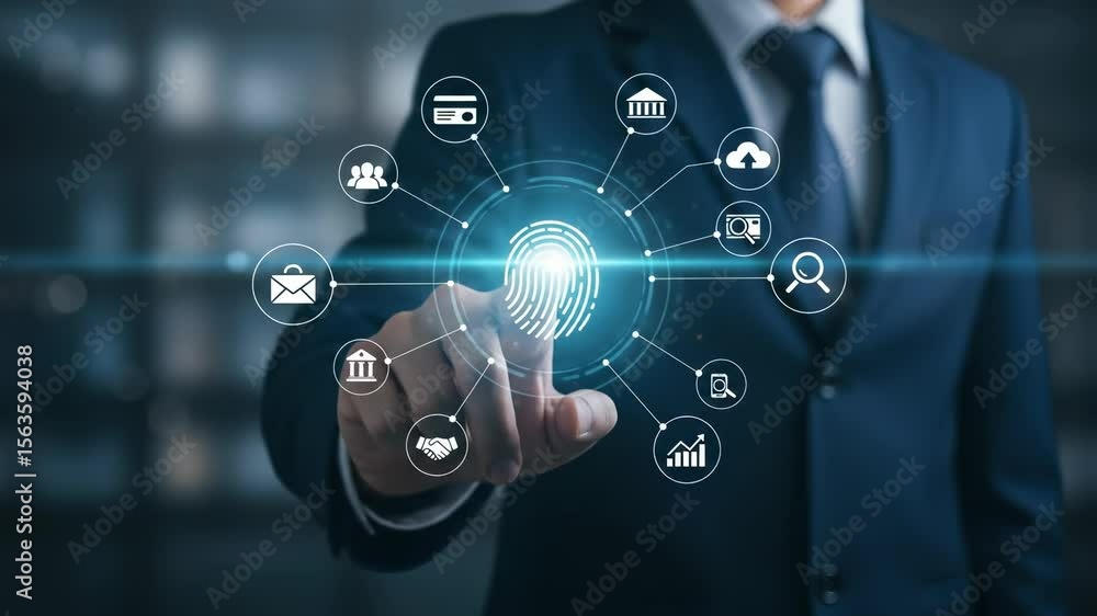 Poster data security: man in a suit employs biometric fingerprint scanning for safe cloud storage and secur