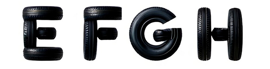 "Alphabet Letters E F G H Made from Car Tires on White Background"