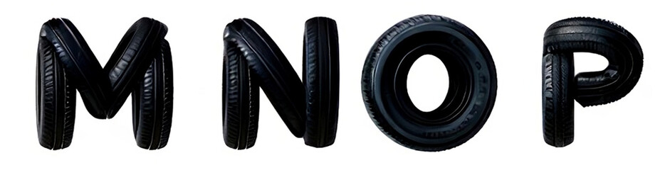"Alphabet Letters M N O P Made from Car Tires on White Background"