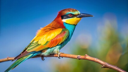 Fototapeta premium A Vibrant Rainbow-Colored Bird Perched on a Branch Against a Clear Blue Sky