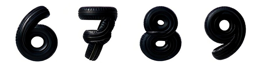 Numbers 6 7 8 9 Made of Black Car Tires – Creative 3D Typography on White Background 