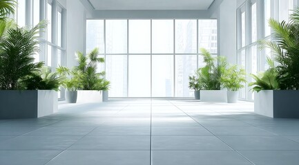 Modern Indoor Space with Large Windows and Potted Plants