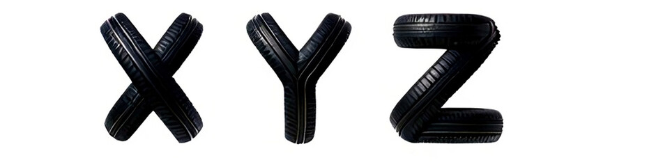 "Alphabet Letters X Y Z Made from Car Tires on White Background"