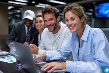 Diverse Group of Business Professionals Engaged in Collaborative Meeting Using Laptop in Modern Office Setting