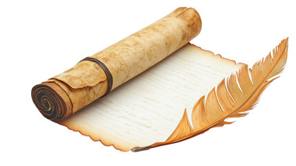 Inspiring tales unfold from an ancient scroll alongside a quill, evoking thoughts of history and imagination in a timeless setting on transparent background