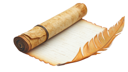 Inspiring tales unfold from an ancient scroll alongside a quill, evoking thoughts of history and imagination in a timeless setting on transparent background
