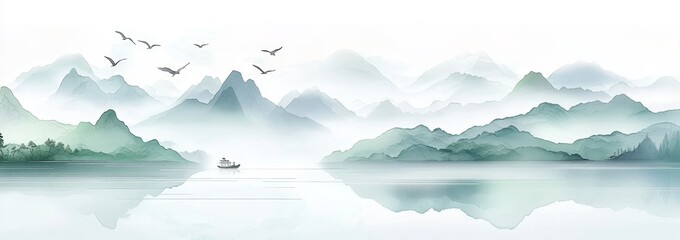 Serene Landscape with Misty Mountains, Calm Waters, and Flying Birds