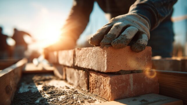 Close up of mason placing bricks with sunlight in background