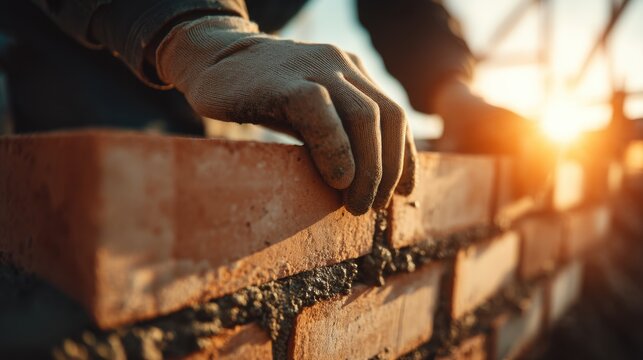 Close-up of a mason laying bricks with precision at sunset