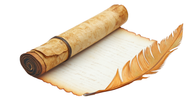 Inspiring tales unfold from an ancient scroll alongside a quill, evoking thoughts of history and imagination in a timeless setting on transparent background