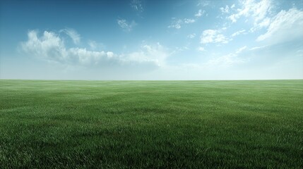 Fototapeta premium Large expanses of green meadows stretch under a white cloud-covered blue sky, showcasing endless natural beauty and are perfect for a variety of activities and landscapes.