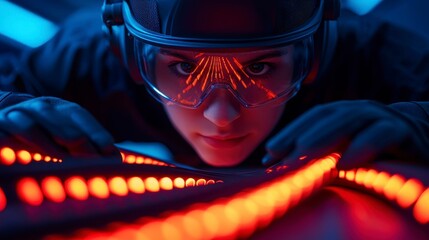 A technician in safety gear is working on fiber optic cables in a high tech environment highlighting precision and expertise. Skilled professional meticulously installs delicate fiber optic